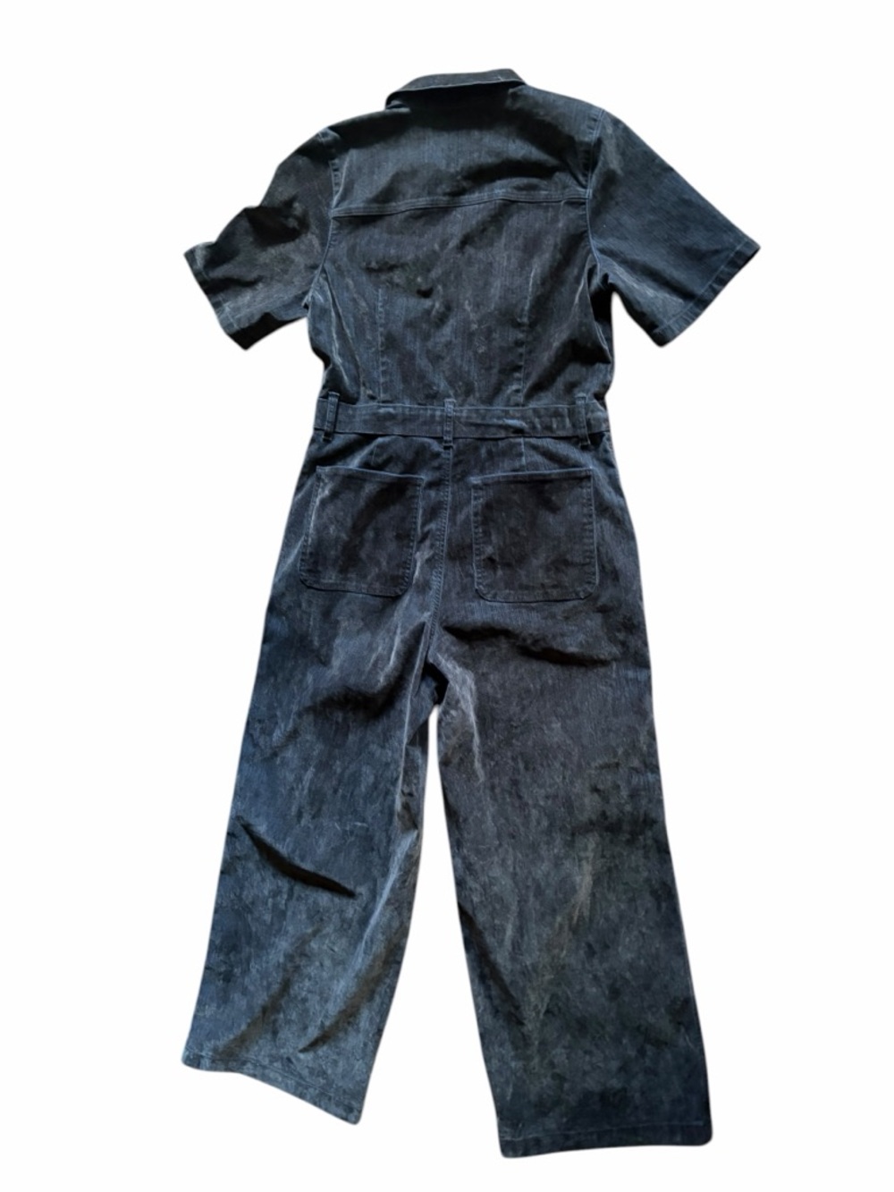 Short-Sleeve Gray Velvet Jean Jumpsuit - Picture 2 of 16